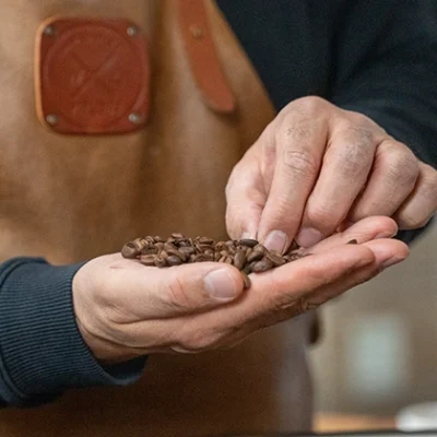 Handen van een koffiebrander die gebrande koffiebonen inspecteert.